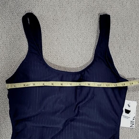 Nine West Solid Navy Blue Ribbed Tie Back One Piece Swimsuit- Size Medium - Picture 8 of 15